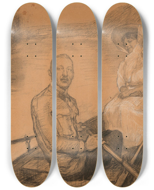 Triptych art skateboard deck of Josef Engelhart A Couple In A Row Boat by Josef Engelhart (1864-1941)