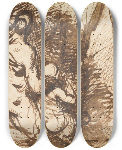 Triptych art skateboard deck of Benjamin Robert Haydon Study Of Two Figures And Two Legs by Benjamin Robert Haydon (1786-1846)