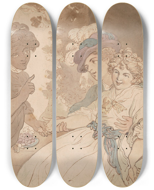 Triptych art skateboard deck of Thomas Rowlandson The Fortune Teller by Thomas Rowlandson (1756-1827)