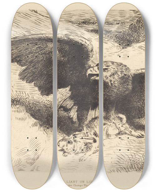 Triptych art skateboard deck of Lon Bonnat Aigle Liant Un Livre An Eagle Pouncing On A Hare by Leon Bonnat (1833-1922)