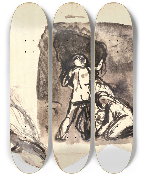 Triptych art skateboard deck of Oluf Hartmann Studie Til Ddalus Og Ikarus_4 by Oluf Hartmann (1879-1910)