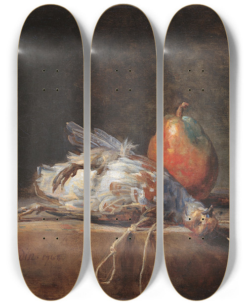 Triptych art skateboard deck of Jean Simon Chardin Still Life With Partridge And Pear by Jean Simeon Chardin (1699-1779)