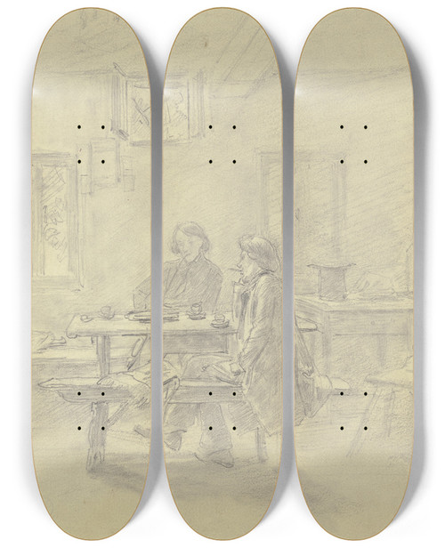 Triptych art skateboard deck of Jakob Frchtegott Dielmann Bauernstube Zwei Maler Beim Kaffee Der Eine Raucht Eine Pfeife Der Andere Eine Zigarre by Jakob Furchtegott Dielmann (1809-1885)