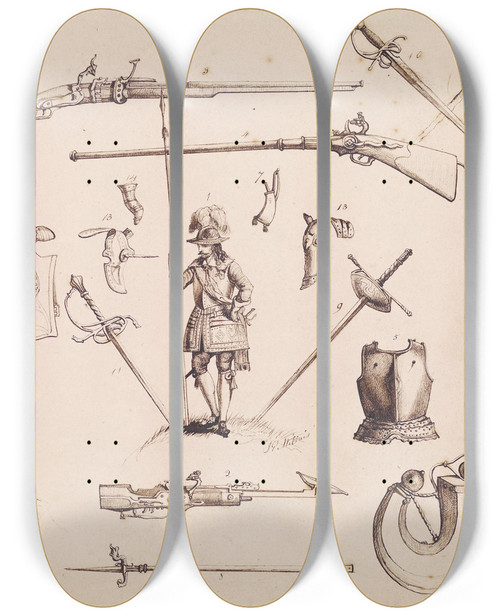 Triptych art skateboard deck of Sir John Everett Millais Sketches Of Armour Study For Charles I by Sir John Everett Millais (1829-1896)