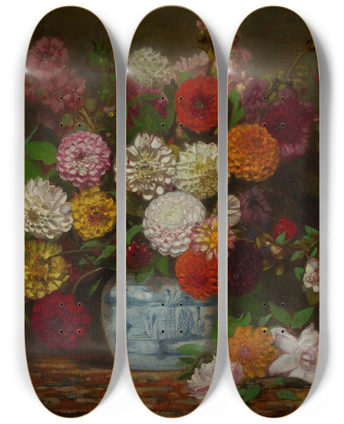 Triptych art skateboard deck of Eugne Delacroix Still Life With Dahlias Zinnias Hollyhocks And Plums by Eugene Delacroix (1798-1863)
