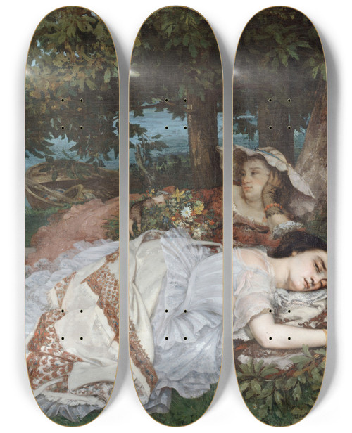 Triptych art skateboard deck of Gustave Courbet Les Demoiselles Des Bords De La Seine T by Gustave Courbet (1819-1877)