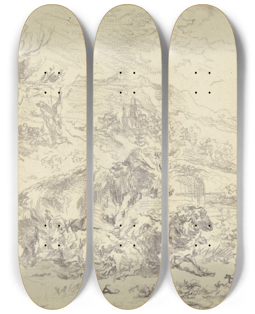 Triptych art skateboard deck of Nicolaes Pietersz Berchem Eine Kuh Eine Ziege Und Ein Schaf Beieinander In Einer Bergigen Landschaft Liegend by Nicolaes Pietersz Berchem (1620-1683)