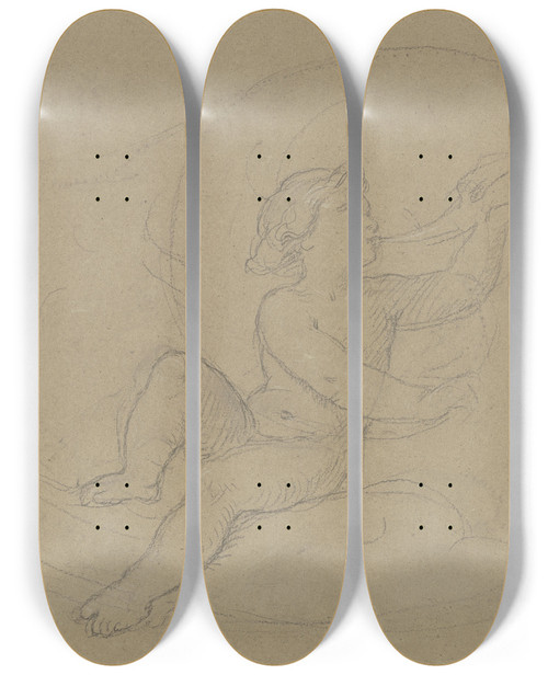 Triptych art skateboard deck of Moritz Von Schwind Putto Zwischen Ranken In Ein Muschelhorn Blasend by Moritz Von Schwind (1804-1871)