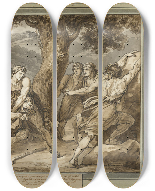 Triptych art skateboard deck of Bartolomeo Pinelli Telemachus Battles The Lion From The Adventures Of Telemachus Book 2 by Bartolomeo Pinelli (1781-1835)