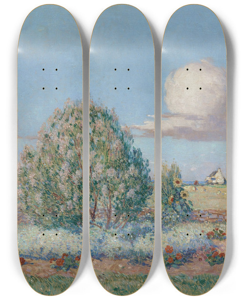 Triptych art skateboard deck of Ferdinand Du Puigaudeau Parterre Fleuri by Ferdinand Du Puigaudeau (1864-1930)
