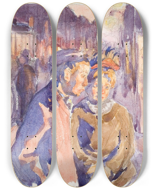 Triptych art skateboard deck of Peter Hansen Fra Enghavevej Aften by Peter Hansen (1868-1928)