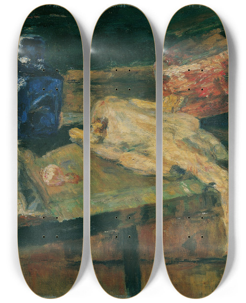 Triptych art skateboard deck of James Ensor Stillleben Mit Blauer Flasche Und Gerupftem Huhn by James Ensor (1860-1949)