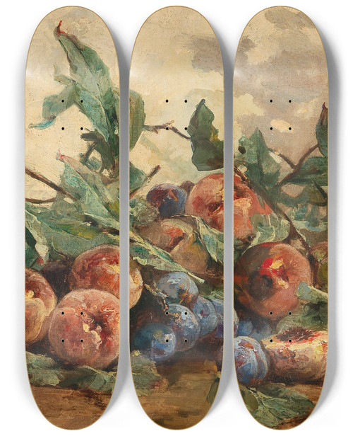 Triptych art skateboard deck of Georges Jeannin Still Life With Fruit With Plums And Peaches by Georges Jeannin (1841-1925)
