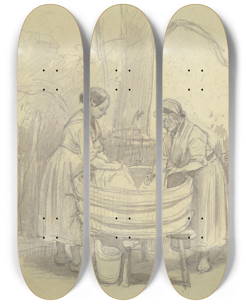 Triptych art skateboard deck of Jakob Frchtegott Dielmann Zwei Wscherinnen Unter Einem Baum An Der Waschbtte Beide Im Profil by Jakob Furchtegott Dielmann (1809-1885)