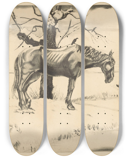 Triptych art skateboard deck of Lodewijk Schelfhout Paard In Een Besneeuwd Landschap by Lodewijk Schelfhout (1881-1943)