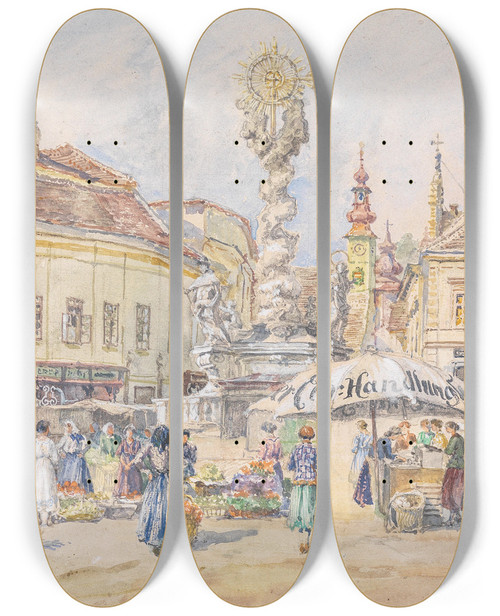 Triptych art skateboard deck of Carl Weiss Dreifaltigkeitssule In Mdling by Carl Weiss (1860-1931)