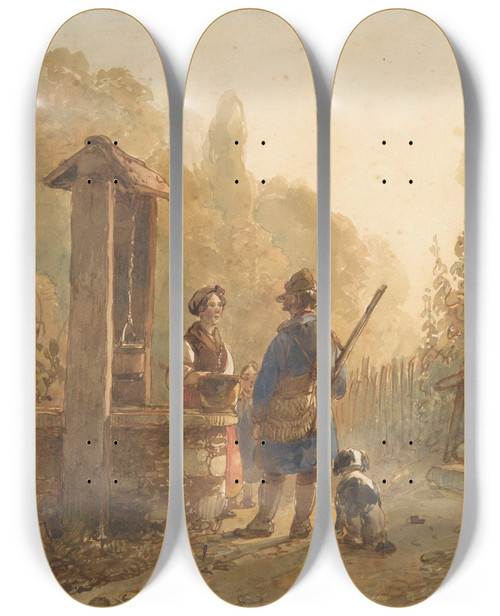 Triptych art skateboard deck of Andreas Schelfhout Jager In Gesprek Met Een Boerin Bij Een Waterput Naast Hem Een Hond by Andreas Schelfhout (1787-1870)