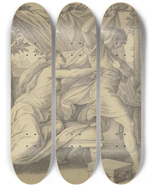 Triptych art skateboard deck of Julius Schnorr Von Carolsfeld Josephs Keuschheit Und Der Potiphar Untreue by Julius Schnorr Von Carolsfeld (1794-1872)
