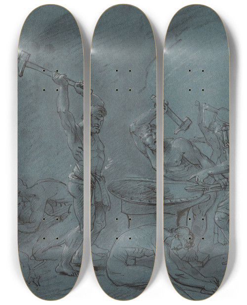 Triptych art skateboard deck of Jean Antoine Verschaeren The Forge Of Vulcan by Jean Antoine Verschaeren (1803-1863)