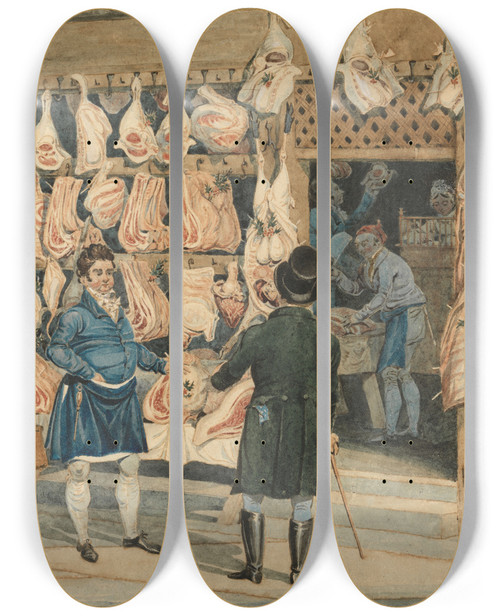 Triptych art skateboard deck of James Pollard The Meat Market by James Pollard (1792-1867)