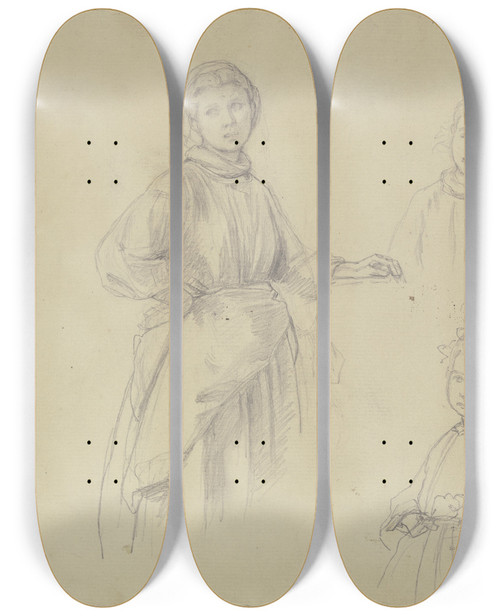 Triptych art skateboard deck of Jakob Becker Studien Von Drei Mdchen Und Einem Kind by Jakob Becker (1810-1872)