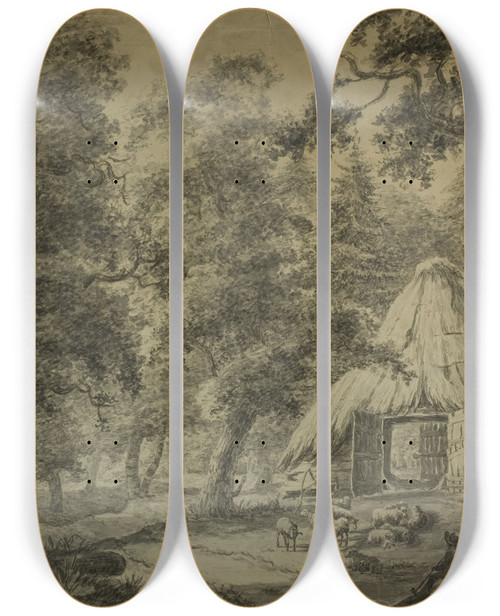 Triptych art skateboard deck of Antonie Waterloo Thatched Hut In Woods With Shepherd And Sheep by Antonie Waterloo (1609-1690)
