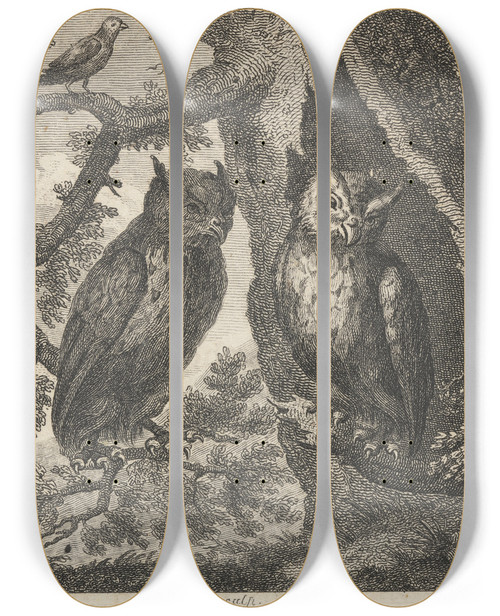 Triptych art skateboard deck of John Wootton Fable Xxxii The Two Owls And The Sparrow by John Wootton (1686-1765)
