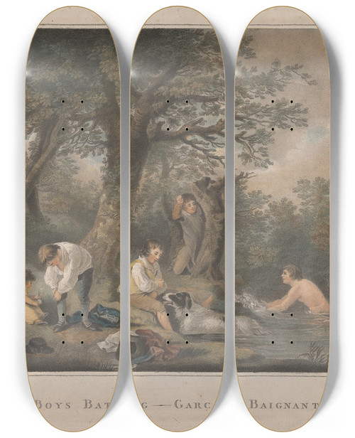 Triptych art skateboard deck of George Morland Boys Bathing by George Morland (1763-1804)