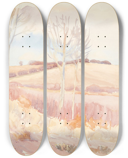 Triptych art skateboard deck of Peter Hansen Fynsk Landskab Forr by Peter Hansen (1868-1928)