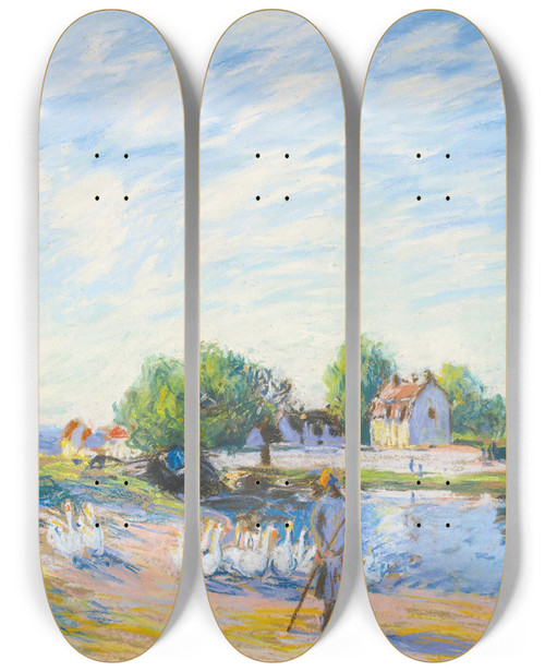 Triptych art skateboard deck of Alfred Sisley Les Oies Saintmamms by Alfred Sisley (1840-1899)