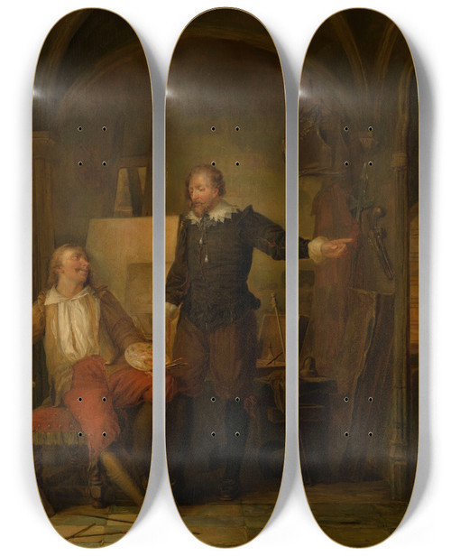 Triptych art skateboard deck of Nicaise De Keyser The Studio Of The Painter Joos Van Craesbeeck by Nicaise De Keyser (1813-1887)