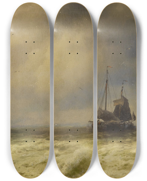 Triptych art skateboard deck of Hermann Ottomar Herzog Two Ships By The Shoreline by Hermann Ottomar Herzog (1831-1932)