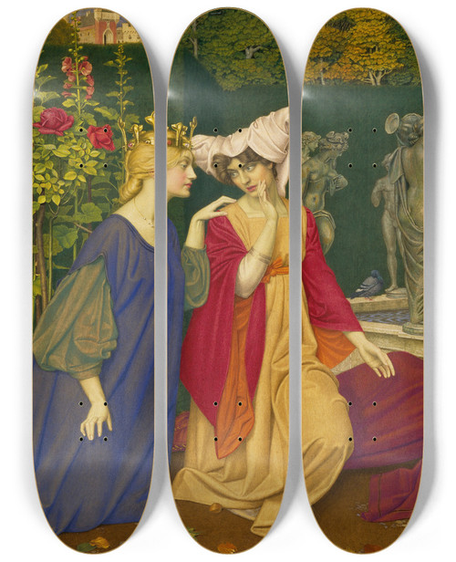 Triptych art skateboard deck of Joseph Edward Southall Changing The Letter by Joseph Edward Southall (1861-1944)