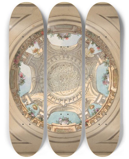Triptych art skateboard deck of Julesedmondcharles Lachaise Design For A Ceiling With Trompe Loeil Balustrade by Jules-Edmond-Charles Lachaise (1897)