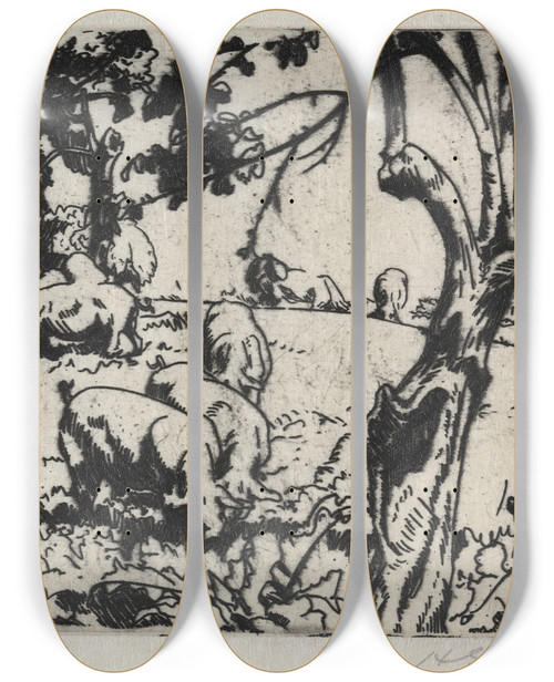 Triptych art skateboard deck of Henry Keller Pigs In Orchard by Henry Keller (1869-1949)