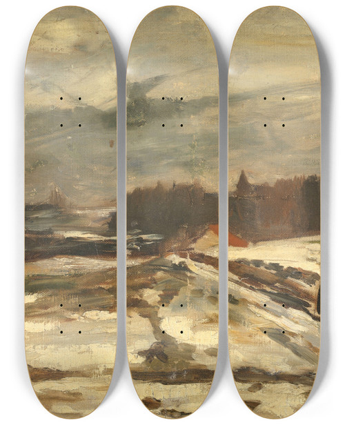 Triptych art skateboard deck of Constantin Meunier Pupil In The Snow by Constantin Meunier (1831-1905)