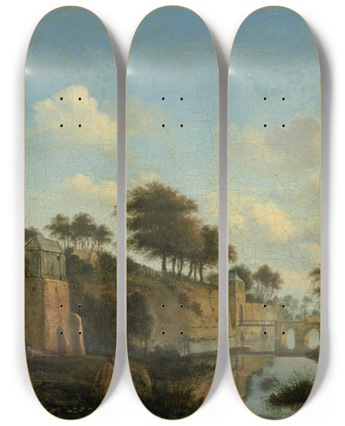 Triptych art skateboard deck of Jan Van Der Heyden A Fortified Town With Figures Bathing by Jan van der Heyden (1637-1712)