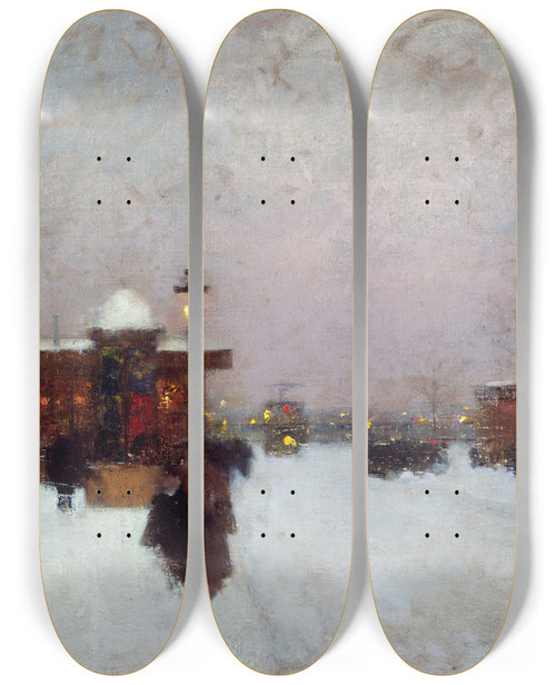 Triptych art skateboard deck of Luigi Loir Porte Maillot Effet De Neige La Nuit by Loir Luigi (1845-1916)