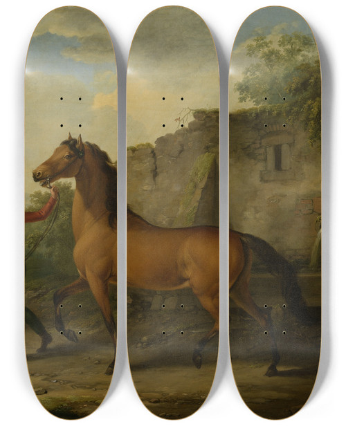 Triptych art skateboard deck of Johann Georg Pforr A Groom Leading A Stallion From The Drinking Trough by Johann Georg Pforr (1745-1798)