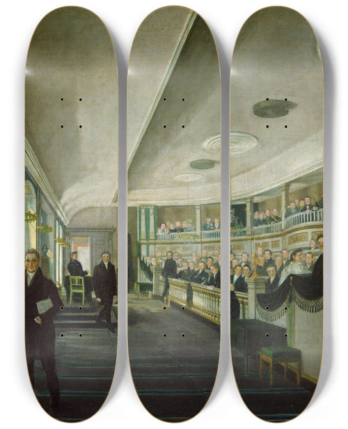 Triptych art skateboard deck of Matthias Stoltenberg Fra Et Mte I Den Gamle Stortingssalen I Christiania Katedralskole by Matthias Stoltenberg (1799-1871)