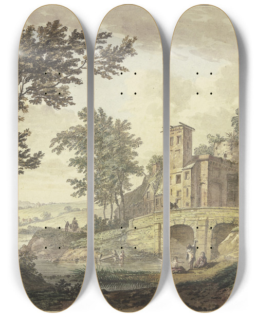 Triptych art skateboard deck of Hermanus Numan Bei Einer Brcke Und Mehreren Gebuden Im Wasser Fnf Badende Kinder by Hermanus Numan (1744-1820)