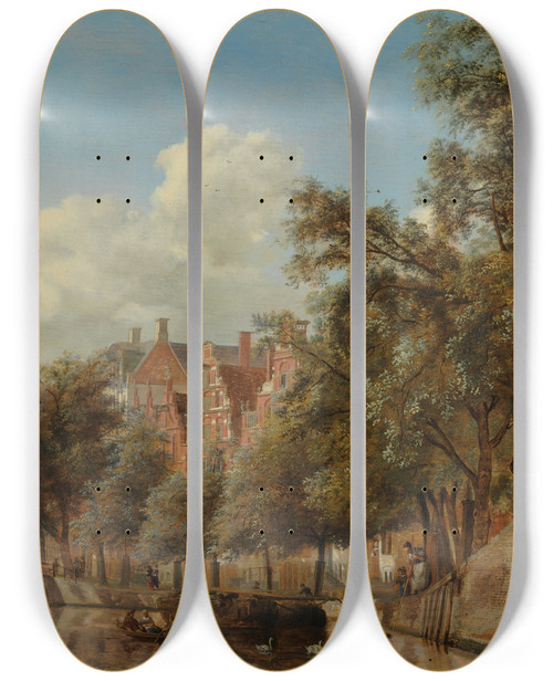 Triptych art skateboard deck of Jan Van Der Heyden The Herengracht Amsterdam Viewed From The Leliegracht_2 by Jan van der Heyden (1637-1712)