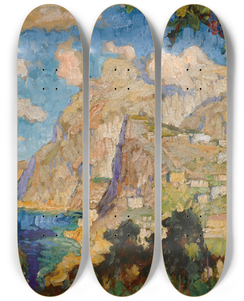 Triptych art skateboard deck of Konstantin Ivanovich Gorbatov View Of Monte Solaro Capri by Konstantin Ivanovich Gorbatov (1876-1945)