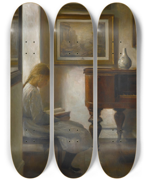 Triptych art skateboard deck of Carl Holse Girl In An Interior by Carl Holsoe (1863-1935)