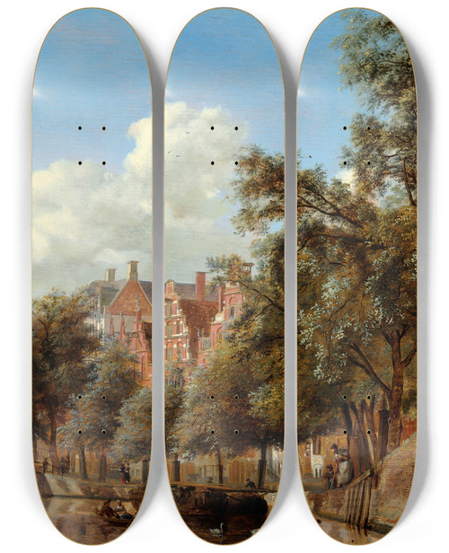 Triptych art skateboard deck of Jan Van Der Heyden The Herengracht Amsterdam Viewed From The Leliegracht_1 by Jan van der Heyden (1637-1712)