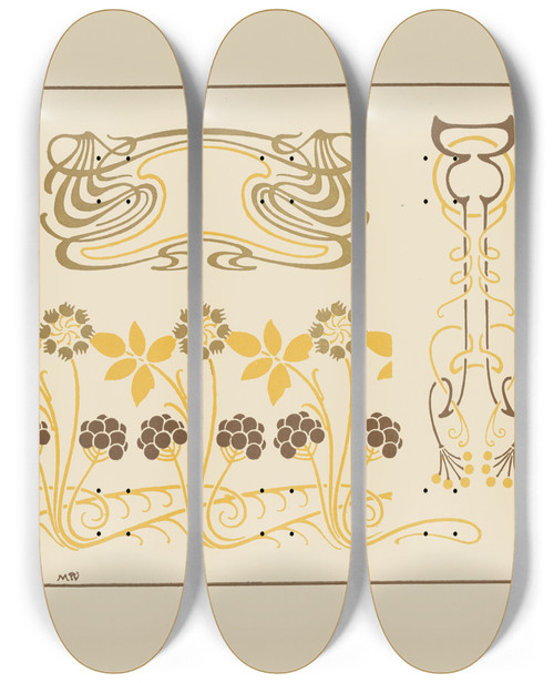 Triptych art skateboard deck of Maurice Pillard Verneuil Abstract Design Based On Berries And Arabesques by Maurice Pillard Verneuil (1869-1942)