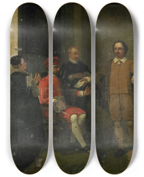Triptych art skateboard deck of Jan Willem Pieneman Jacob Simonsz De Rijk Getting The Spanish Governorgeneral Requesens To Release Marnix Van Sint Aldegonde 1575 by Jan Willem Pieneman (1779-1853)