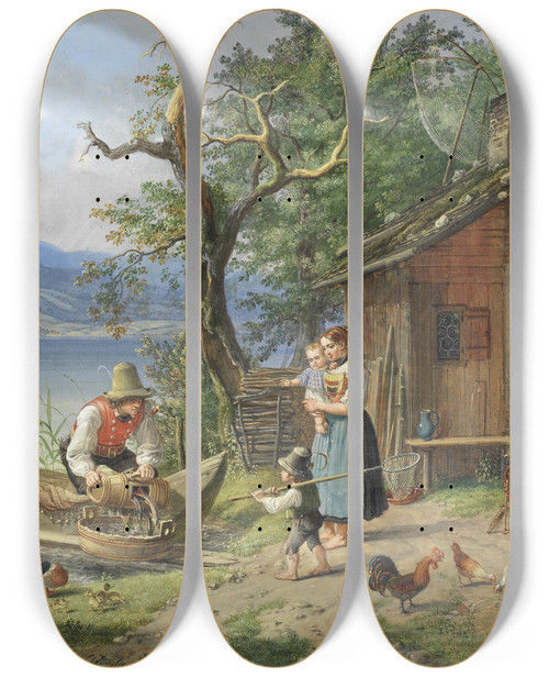 Triptych art skateboard deck of Lorenzo Quaglio Unloading The Catch by Lorenzo Quaglio (1793-1869)