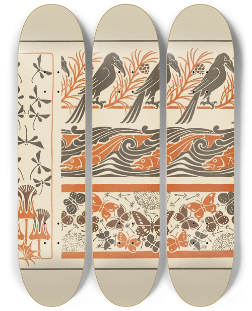 Triptych art skateboard deck of Maurice Pillard Verneuil Abstract Design Based On Birds Fish Butterflies Dragonflies by Maurice Pillard Verneuil (1869-1942)