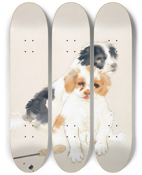 Triptych art skateboard deck of Takeuchi Seih Fireside by Takeuchi Seiho (1864-1942)